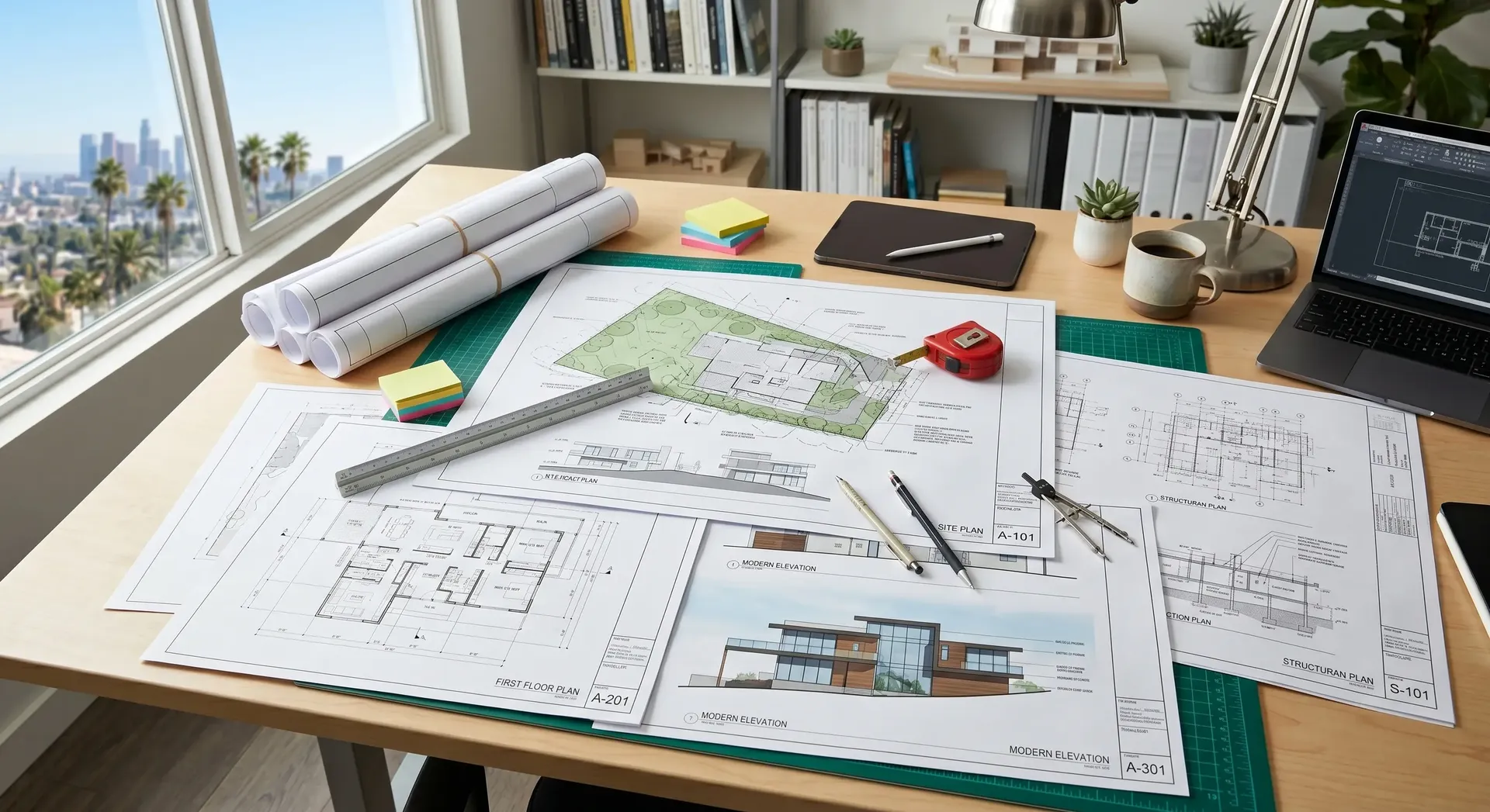 Architectural drawings and site plans on a technical drawing desk