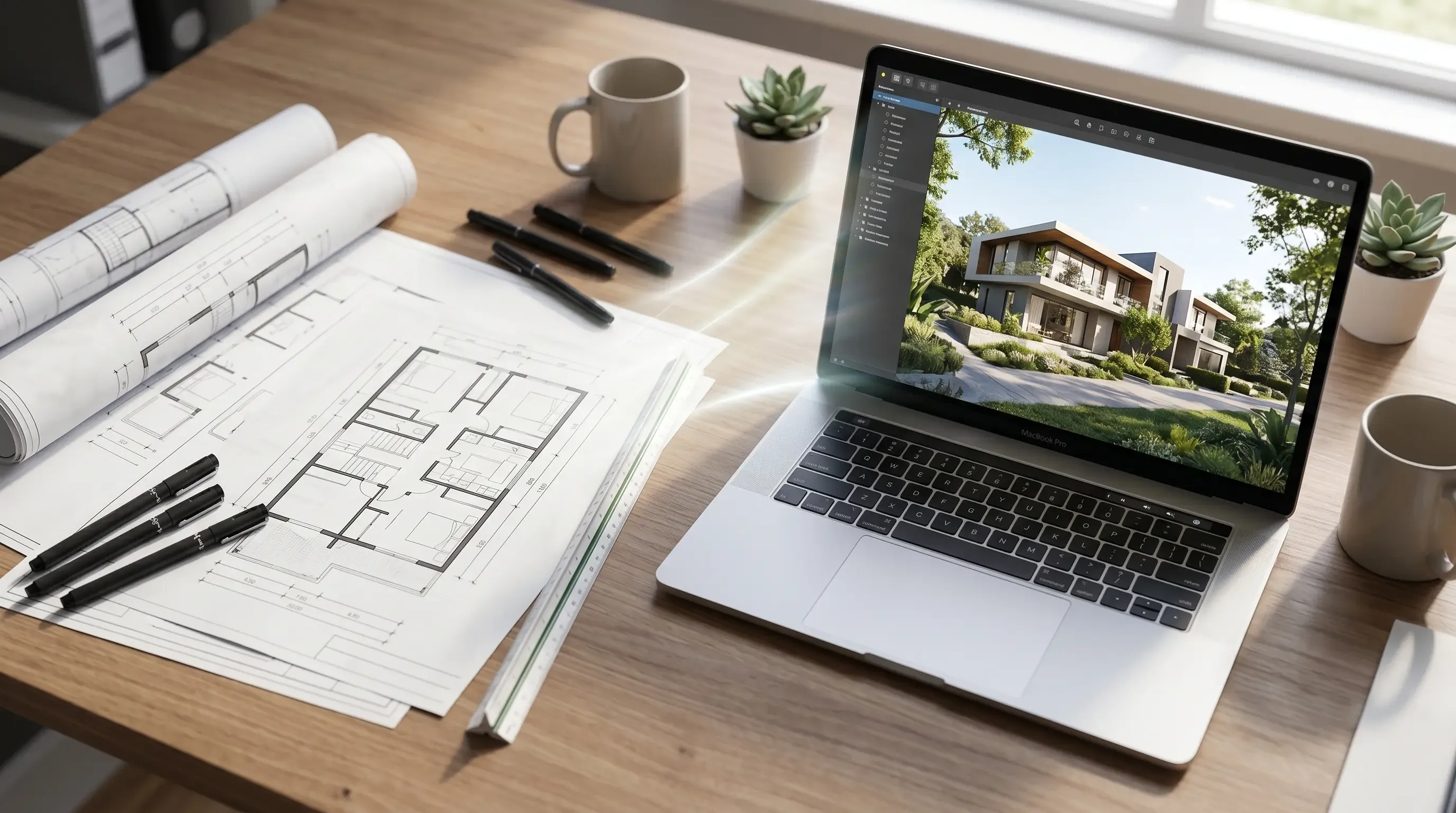 A top-down flat-lay view of a wooden desk where a flat 2D floor plan transitions into a glowing, realistic 3D home visualization.
